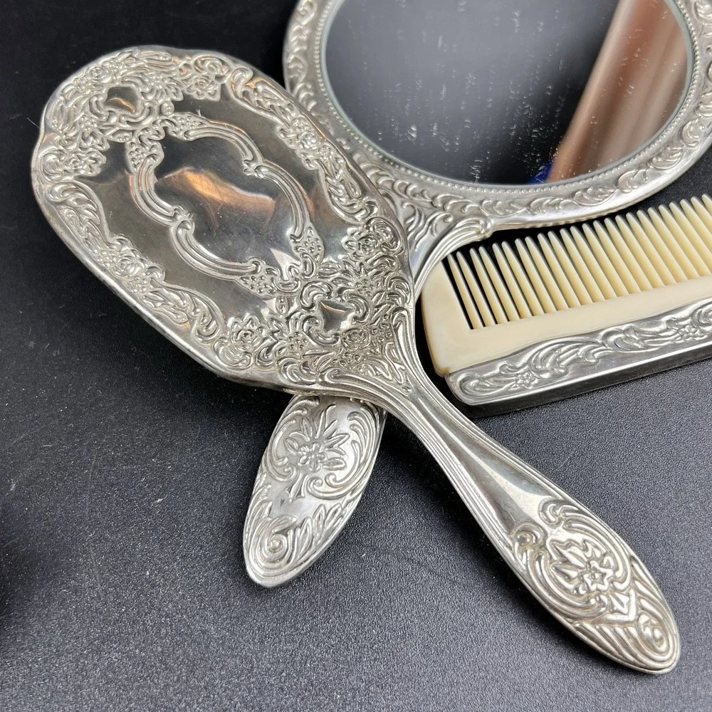 Vtg Silver Plated Vanity Set Hand Mirror, Hair Brush & Comb, Heavy Appx 70 Yrs